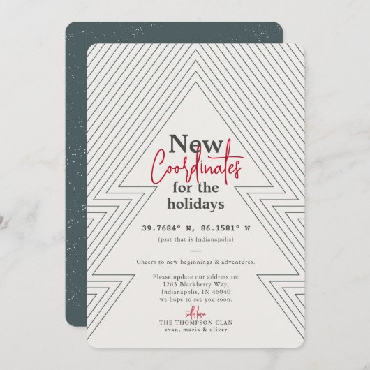 Nieuwe coördinaten Groene Vakantie Verplaatsende A Feestdagenkaart (Voorkant / Achterkant)