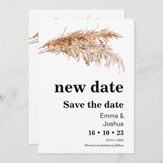 Nieuwe Datum Pampas Grass Wedding Save The Date Ka Kaart (Voorkant / Achterkant)