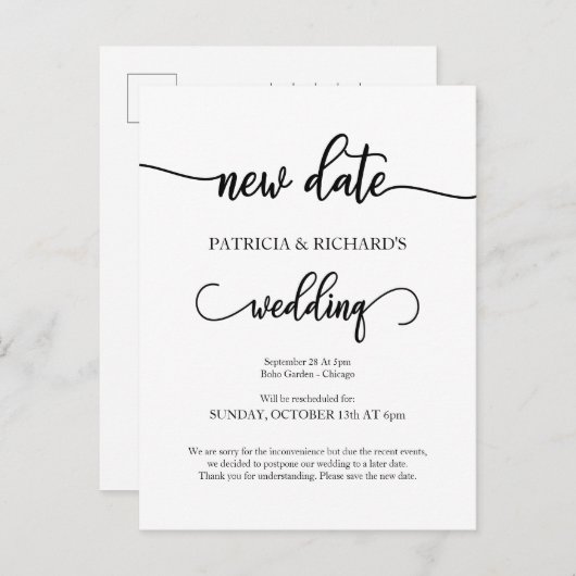 Nieuwe datum uitgestelde aankondiging huwelijk briefkaart (Voorkant / Achterkant)