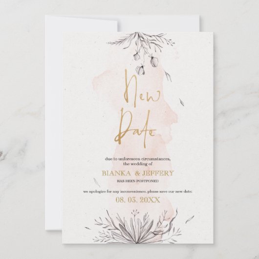 Nieuwe datum, zwarte en roze bloemen aankondiging (Voorkant)