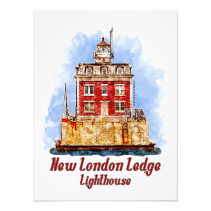 Nieuwe Londen Ledge Lighthouse Waterverf Connectic Foto Afdruk