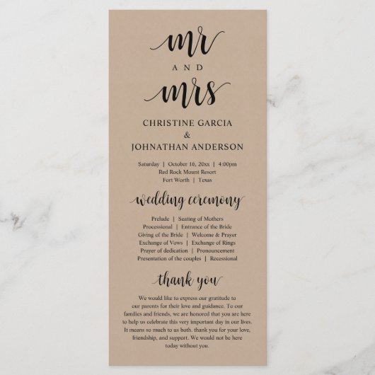 Nieuwe Mr. en Mrs., Modern Wedding Ceremonie, Kraf Programma (Voorkant)