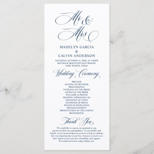 Nieuwe Mr. en Mrs., Navy Blue, Wedding Ceremony Pr Programma (Voorkant)