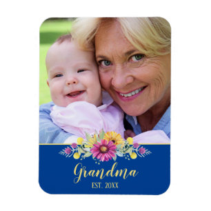Nieuwe oma Vibrant Flowers op Bright Blue   Foto Magneet