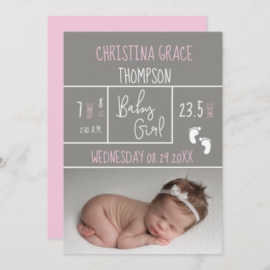 Nieuwe Roze Geboorte Statistieken Meisje Geboorte Aankondiging (Voorkant / Achterkant)