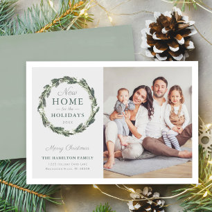 Nieuwe Thuis Elegant Neutral Grey Green Wreatfoto Feestdagenkaart