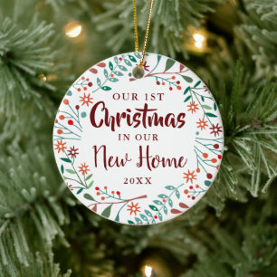 Nieuwe thuis onze eerste kerst bloemstuk keramisch ornament