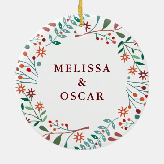 Nieuwe thuis onze eerste kerst bloemstuk keramisch ornament (Achterkant)