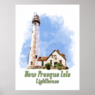Nieuwe vuurtoren van Presque Isle Waterverf - Mich Poster