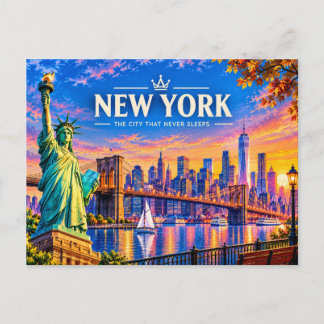 Nieuwe Yorkse reisart met zonsondergang en skyline Feestdagenkaart