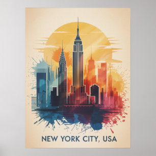 Nieuwe Yorkse Zonsondergang Skyline Spetter Poster