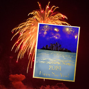 Nieuwejaars gouden vuurwerk boven de stad  folie feestdagen briefkaart