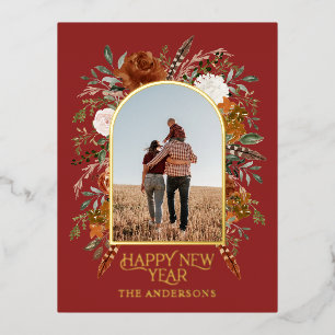 Nieuwejaarsbegroting botanisch elegant rood tradit folie feestdagen briefkaart