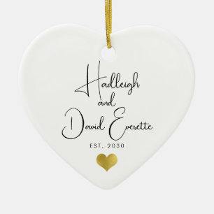 Nieuwgetrouwd Datum Ingesteld Script Gouden Hart Keramisch Ornament