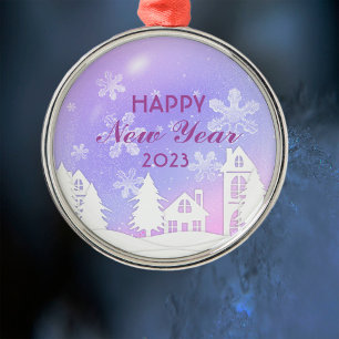 Nieuwjaar 2023 Paarse Witte Huis sneeuw Metalen Ornament