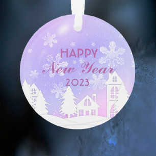 Nieuwjaar 2023 Paarse Witte Huis Sneeuw Prettig Ke Ornament