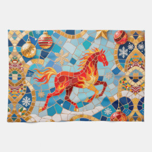Nieuwjaar 2026 Red Fiery Horse Kerstpatroon Theedoek