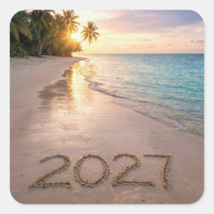 Nieuwjaar 2027 Tropisch Strand Vierkante Sticker