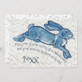 Nieuwjaar Blauw Wit Konijn Delft Dedham Datum Feestdagenkaart (Voorkant / Achterkant)