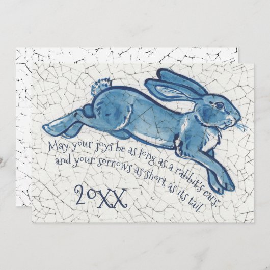 Nieuwjaar Blauw Wit Konijn Delft Dedham Datum Feestdagenkaart (Voorkant / Achterkant)