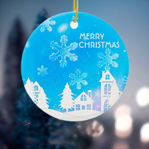 Nieuwjaar blauw wit sneeuwhuis keramisch ornament