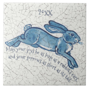 Nieuwjaar Blue White Bunny Rabbit Delft Dedham Dat Tegeltje