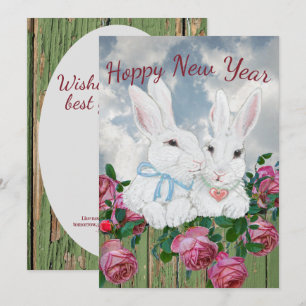 Nieuwjaar Bunny Rabbit Pink Rose Inspirerend Schat Feestdagenkaart