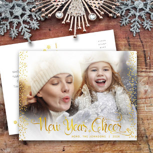 Nieuwjaar Cheer Modern Script Chic Gold Stippen Fo Feestdagenkaart