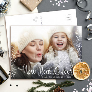 Nieuwjaar Cheer Modern Script Witte Sneeuwvlok Fot Feestdagenkaart