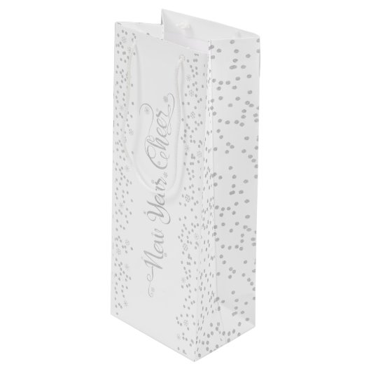 Nieuwjaar Cheer, Zilveren Glitter Sneeuwvlokken op Wijn Cadeautas (Voorkant Gekanteld)