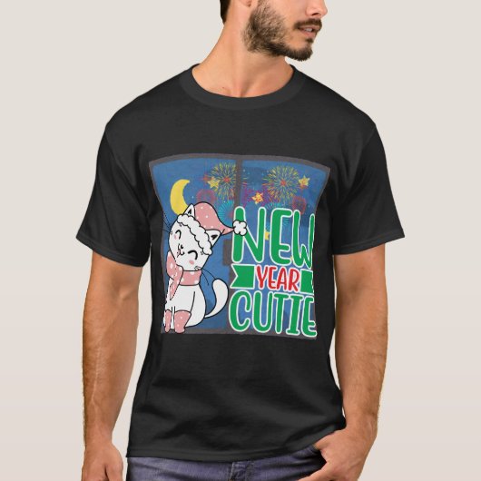 Nieuwjaar Cutie Cat on Window met Fireworks Backgr T-shirt (Voorkant)
