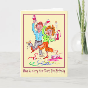 Nieuwjaar Eve Birthday Cartoon of Couple Partying Feestdagen Kaart