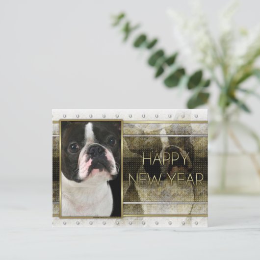 Nieuwjaar - Golden Elegance - Boston Terrier Feestdagenkaart (Staand voorkant)