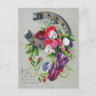  Nieuwjaar Hoefijzer en Bloemen Briefkaart