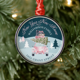 Nieuwjaar nieuwe roze roze retrocar met kerst metalen ornament