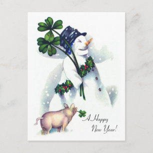 Nieuwjaar Sneeuwman met Lucky Pig Feestdagenkaart
