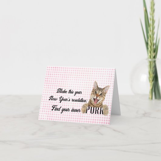 Nieuwjaar Tabby Cat op Gingham Kaart (Voorkant)