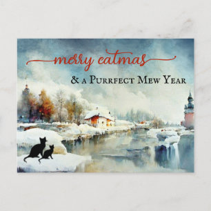 Nieuwjaar van de winterkat Cute Waterverf Briefkaart