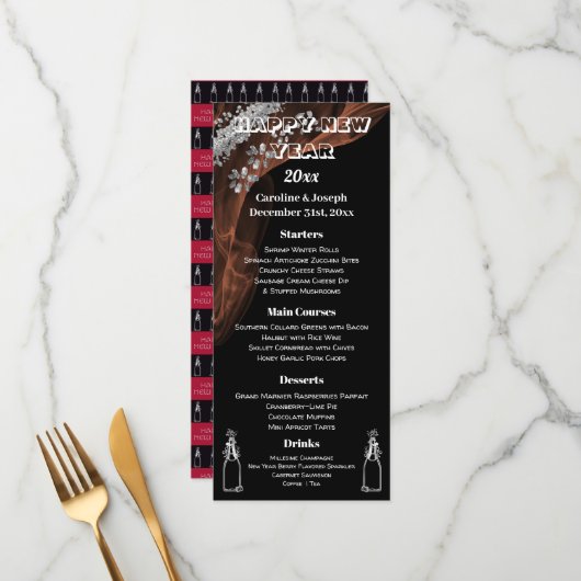 Nieuwjaar zwart en zilver, menu en knappe champagn (Voorkant / Achterkant in situ)