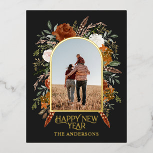 Nieuwjaarbudget botanische elegant zwart tradition folie feestdagen briefkaart