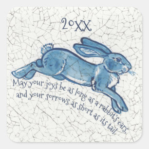 Nieuwjaars Blue Bunny Rabbit Delft Dedham Date Vierkante Sticker