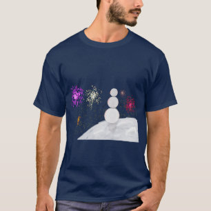 Nieuwjaars Snowman en Vuurwerk T-Shirt