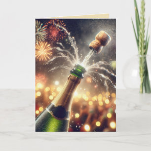 Nieuwjaarschampagne met knallende kurk feestdagen kaart