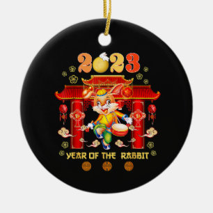 Nieuwjaarsdag van de konijnenfamilie blij keramisch ornament