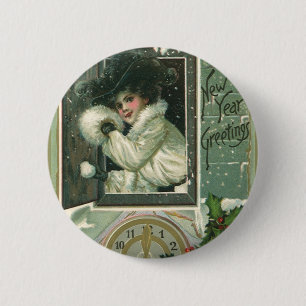  nieuwjaarsgroeten, Victoriaans venstermeisje Ronde Button 5,7 Cm
