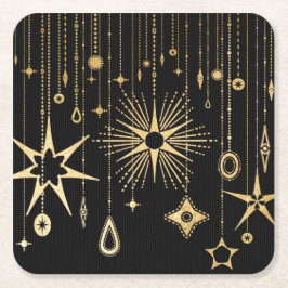 Nieuwjaarswensen Sterren Zwart en Goud Vierkante Kartonnen Onderzetter