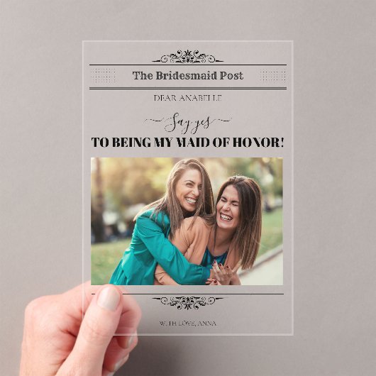Nieuwsblad Bridesmaid Voorstel Retro Script Font Acryl Uitnodigingen (Insitu (Draagbaar))
