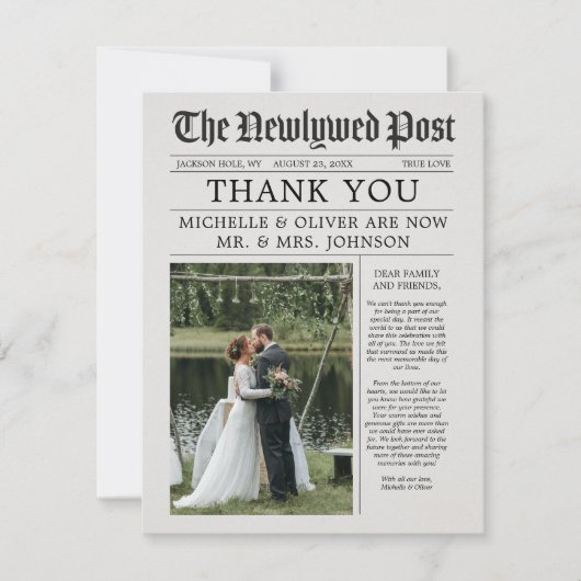 Nieuwsblad Bruiloft Dank u kaart Aangepast bericht (Voorkant)