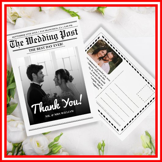 Nieuwsblad bruiloft Uniek Modern Elegant Dank u Briefkaart