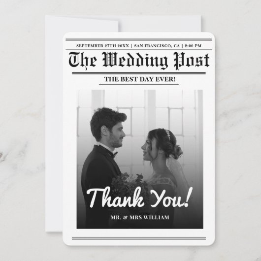 Nieuwsblad bruiloft Uniek Modern Elegant Dank u Kaart (Voorkant)